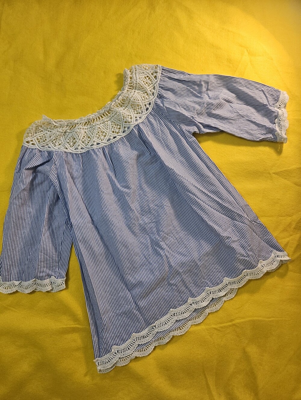 Women's Blue & Cream Striped Lace-Yoke Blouse